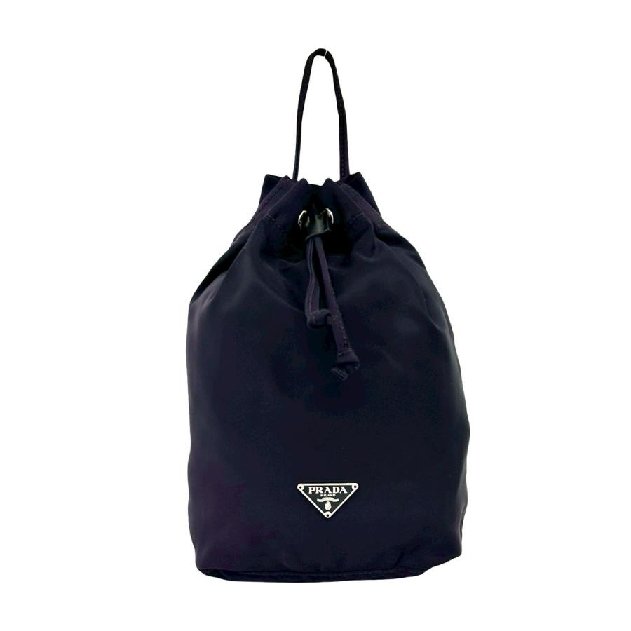 プラダ◎巾着 手提げ 三角プレート ポーチ ブラック 黒 ハンドバッグ PRADA（プラダ） 極 美品 カード付き 三角ロゴ プレート 金具 テスート