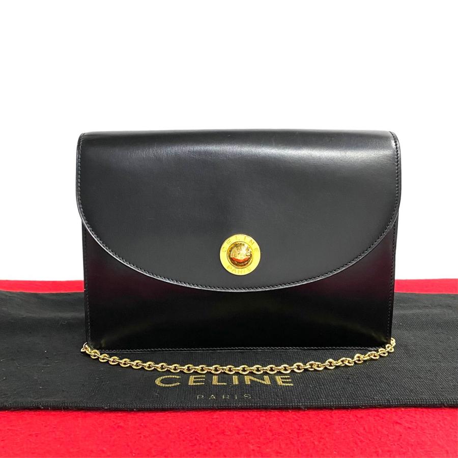 極 美品 希少品 CELINE セリーヌ スターボール ロゴ 金具 レザー 本革 チェーン ミニ ショルダーバッグ ポシェット ブラック 黒 27434 CELINE（セリーヌ） 極 美品 希少品 スターボール ロゴ 金具 レザー 本