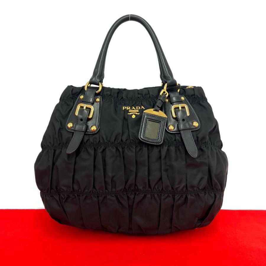 PRADA（プラダ） 極 美品 ロゴ 金具 ギャザー ナイロン レザー 本革 