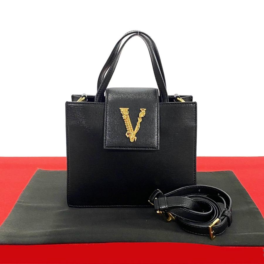 極 美品 VERSACE ヴェルサーチ ヴィルトゥス レターV ロゴ 金具 レザー  