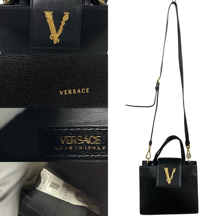 極 美品 VERSACE ヴェルサーチ ヴィルトゥス レターV ロゴ 金具 レザー