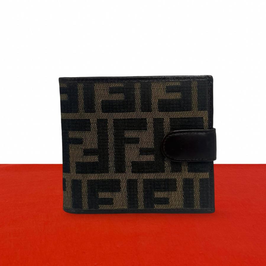 FENDI ズッカ柄 財布 黒 FENDI（フェンディ） 極 美品 FF ズッカ 柄 キャンバス レザー 本革 二
