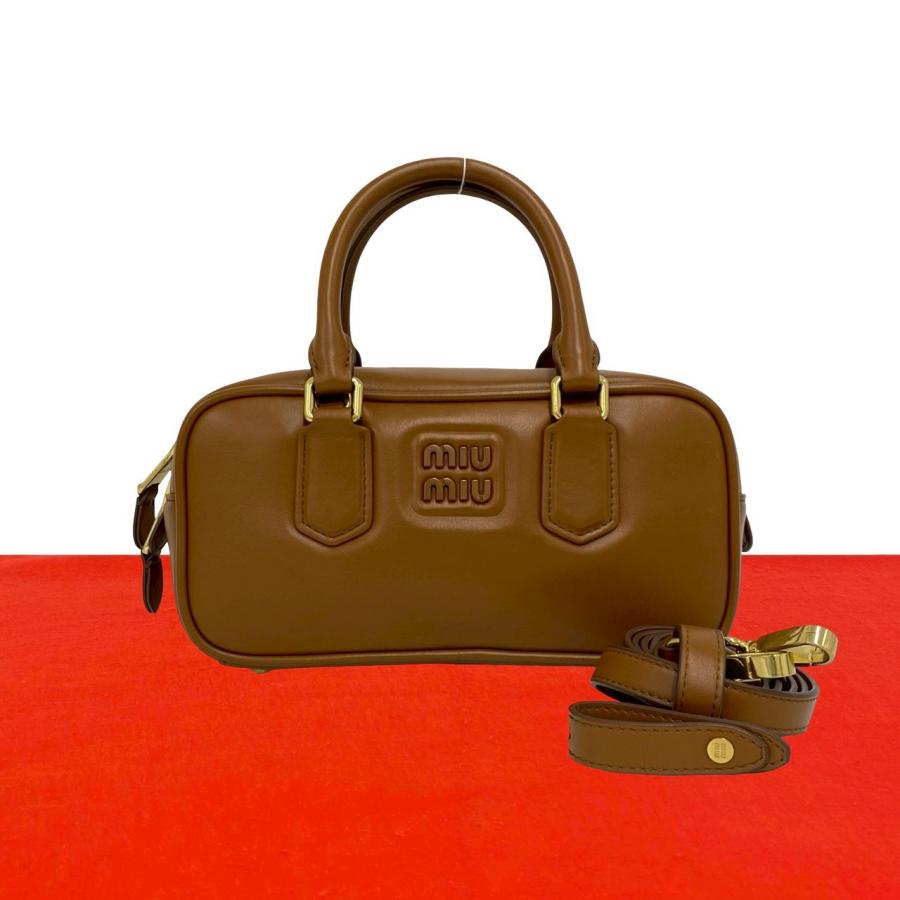 MIU MIU レザー トートバッグ 2WAY ショルダー ブラウン miu miu（ミュウミュウ） ほぼ未使用 アルカディ ロゴ レザー 本革