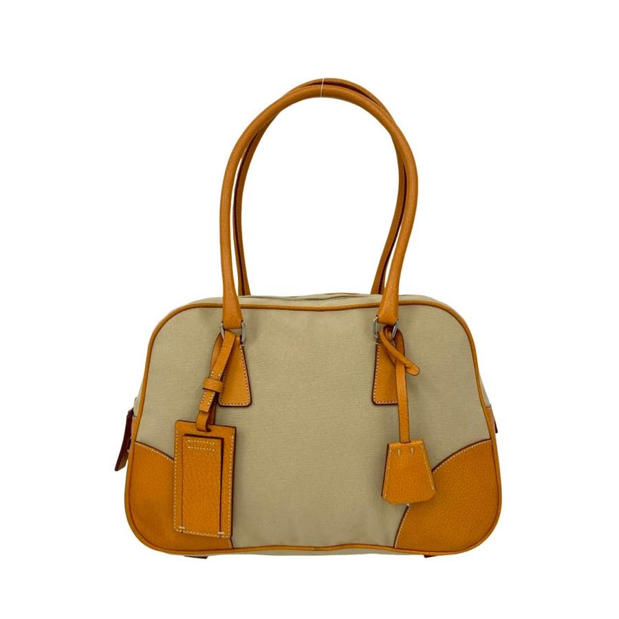 極 美品 PRADA プラダ 三角ロゴ 金具 キャンバス レザー 本革 トートバッグ セミ ショルダーバッグ ミニ ボストンバッグ ベージュ 2148aの画像