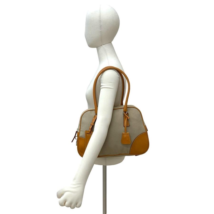 極 美品 PRADA プラダ 三角ロゴ 金具 キャンバス レザー 本革 トートバッグ セミ ショルダーバッグ ミニ ボストンバッグ ベージュ 2148aの画像