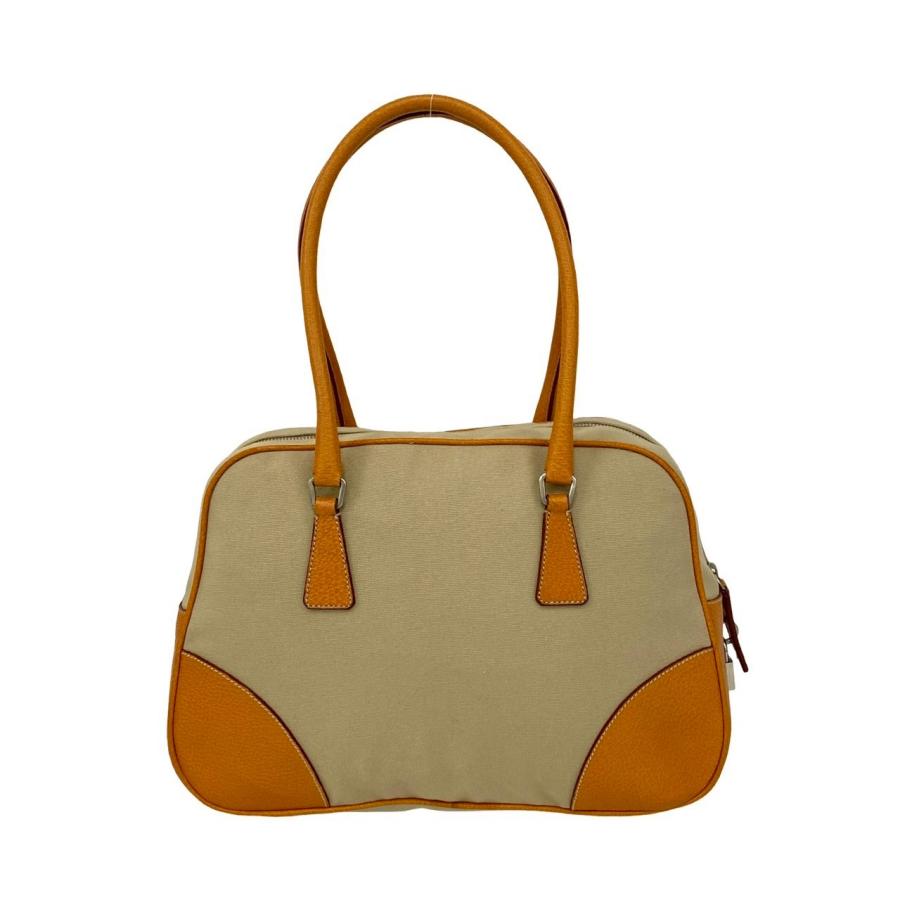極 美品 PRADA プラダ 三角ロゴ 金具 キャンバス レザー 本革 トートバッグ セミ ショルダーバッグ ミニ ボストンバッグ ベージュ 2148aの画像