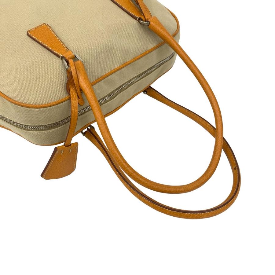 極 美品 PRADA プラダ 三角ロゴ 金具 キャンバス レザー 本革 トートバッグ セミ ショルダーバッグ ミニ ボストンバッグ ベージュ 2148aの画像