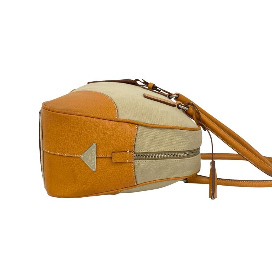 極 美品 PRADA プラダ 三角ロゴ 金具 キャンバス レザー 本革 トートバッグ セミ ショルダーバッグ ミニ ボストンバッグ ベージュ 2148aの画像