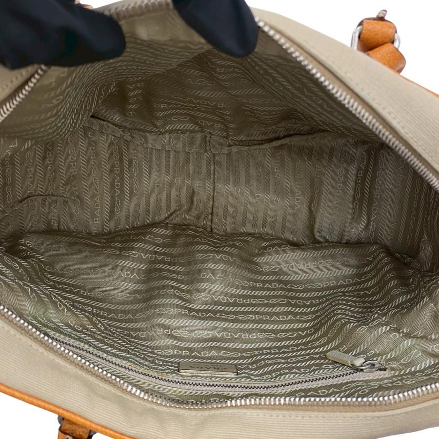 極 美品 PRADA プラダ 三角ロゴ 金具 キャンバス レザー 本革 トートバッグ セミ ショルダーバッグ ミニ ボストンバッグ ベージュ 2148aの画像