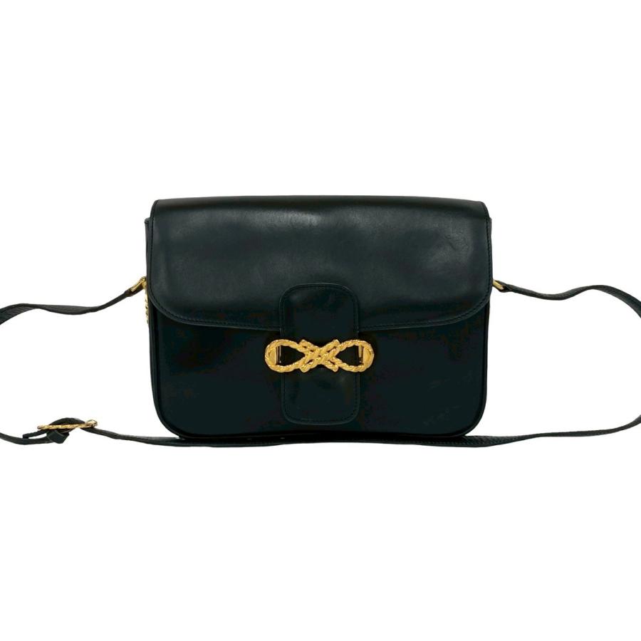 極 美品 CELINE セリーヌ ヴィンテージ リボン モチーフ 金具 カーフ レザー ショルダーバッグ ポシェット サコッシュ ブラック 2160aの画像