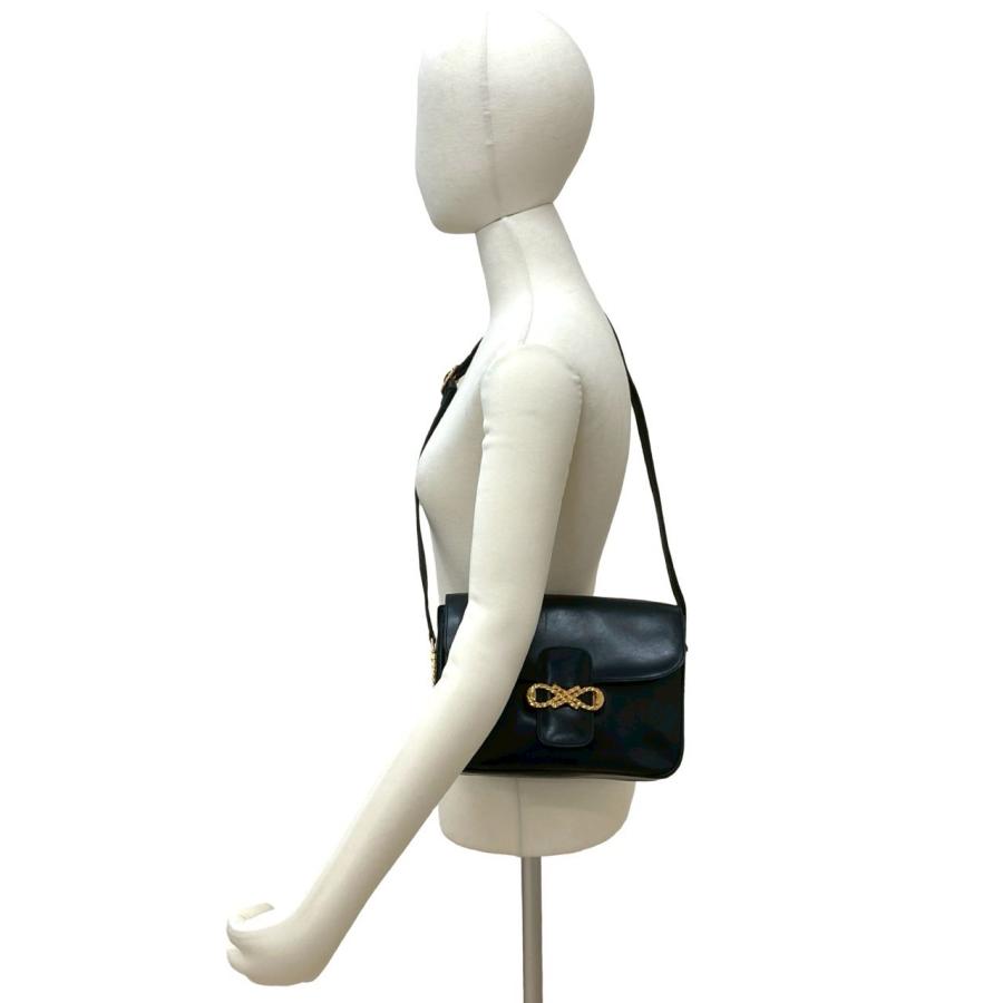 極 美品 CELINE セリーヌ ヴィンテージ リボン モチーフ 金具 カーフ レザー ショルダーバッグ ポシェット サコッシュ ブラック 2160aの画像
