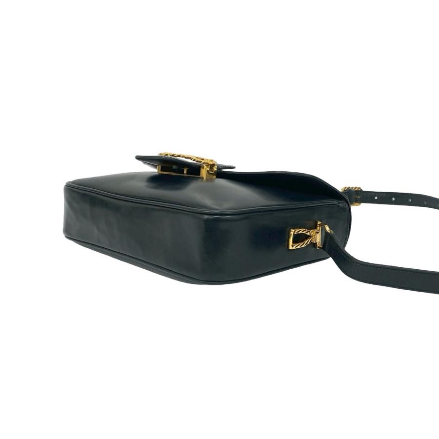 極 美品 CELINE セリーヌ ヴィンテージ リボン モチーフ 金具 カーフ レザー ショルダーバッグ ポシェット サコッシュ ブラック 2160aの画像