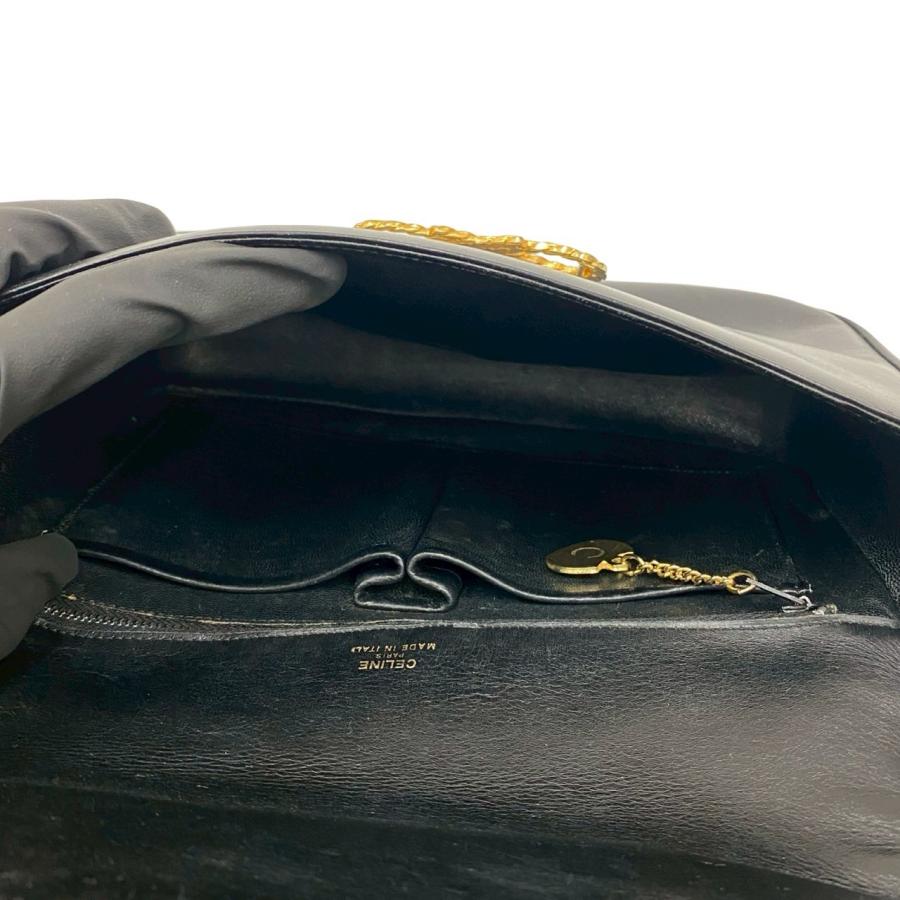 極 美品 CELINE セリーヌ ヴィンテージ リボン モチーフ 金具 カーフ レザー ショルダーバッグ ポシェット サコッシュ ブラック 2160aの画像