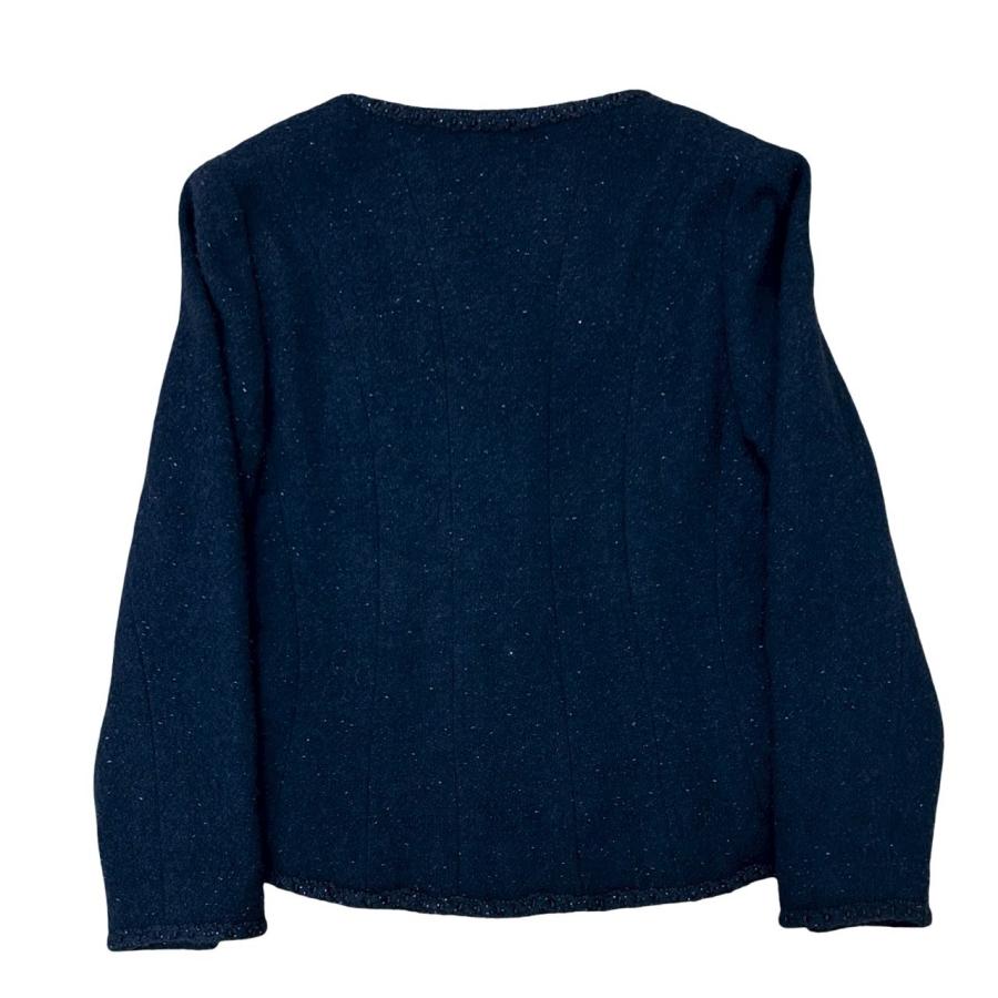 極 美品 93A CHANEL シャネル ココマーク ボタン ウール ナイロン シルク ツイード ノーカラージャケット サイズ40 ネイビー 1762aの画像