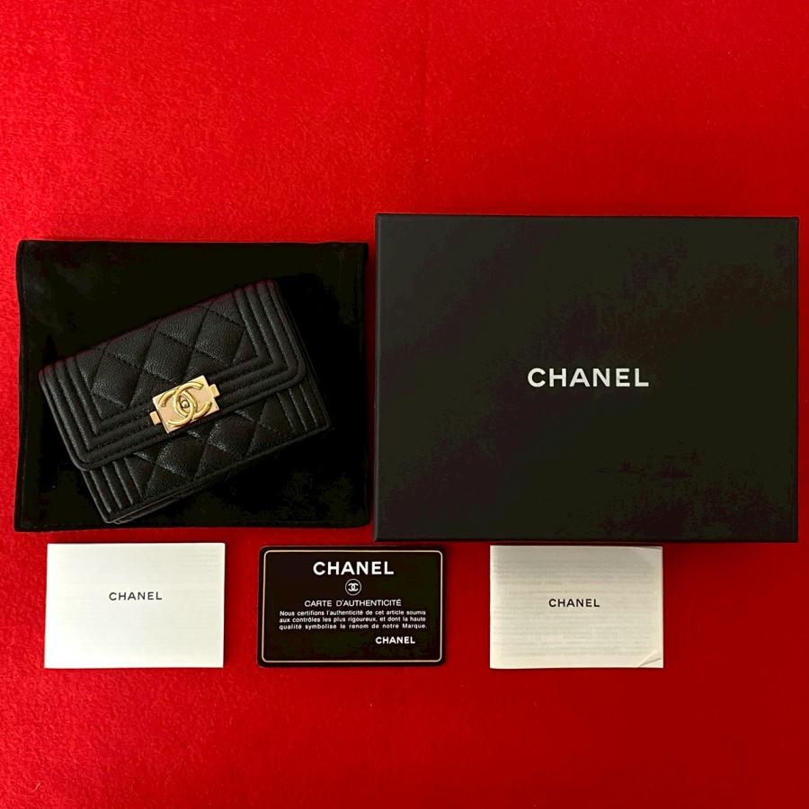 美品】シャネル 三つ折り財布 キャビアスキン ブラック シリアルシール