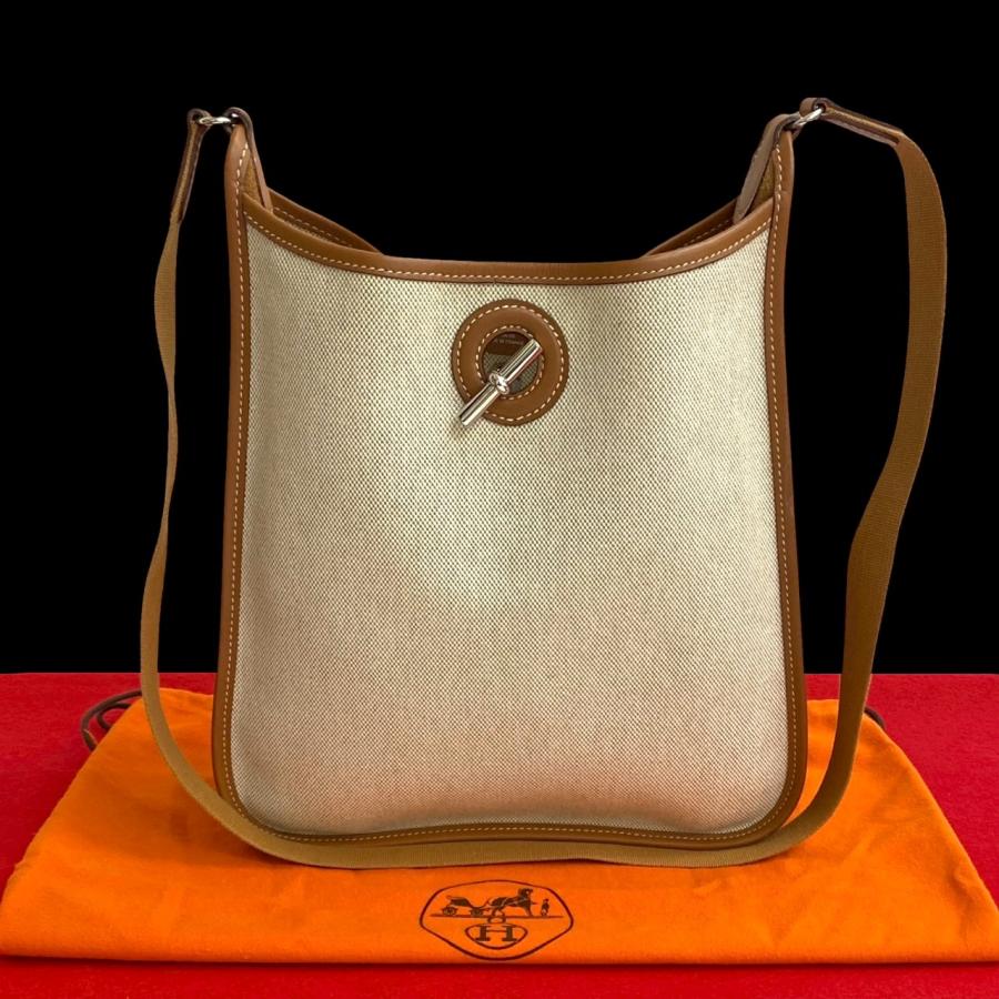 HERMES エルメス ヴェスパPM ショルダーバッグ 肩掛け トワルアッシュ レザー ベージュ レッド 赤 ゴールド金具 □B刻印 エルメス ヴェスパPM トワルアッシュ ベージュ×ホワイト ゴールド □B