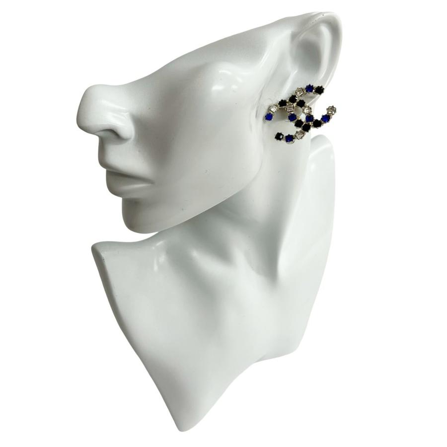 極 美品 箱付き コメあり A19A CHANEL シャネル ココマーク メタル ラインストーン ピアス アクセサリー ゴールド ブルー ブラック 78779の画像
