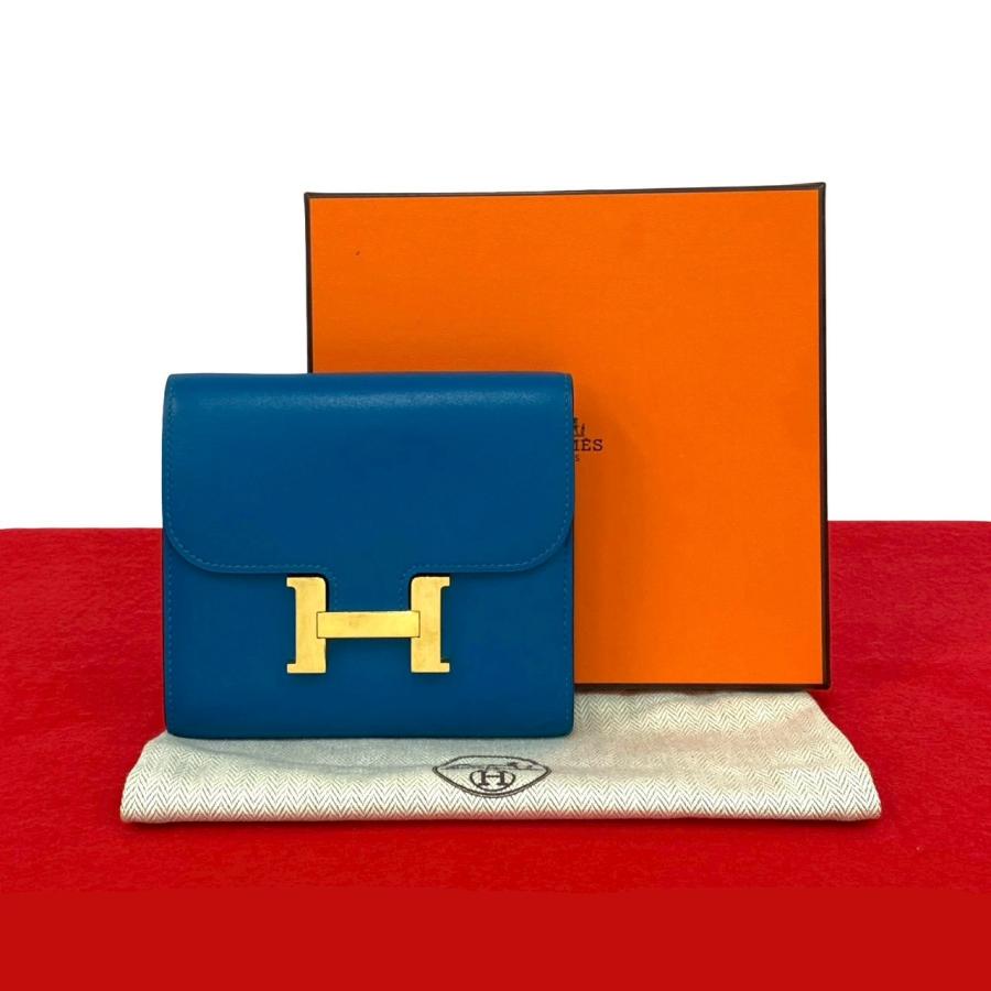 極 美品 箱 袋付き A 刻印 HERMES エルメス コンスタンス コンパクト カーフ レザー 本革 二つ折り財布 ミニ ウォレット ブルー 28793 HERMES（エルメス） 極 美品 箱 袋付き A 刻印 コンスタンス