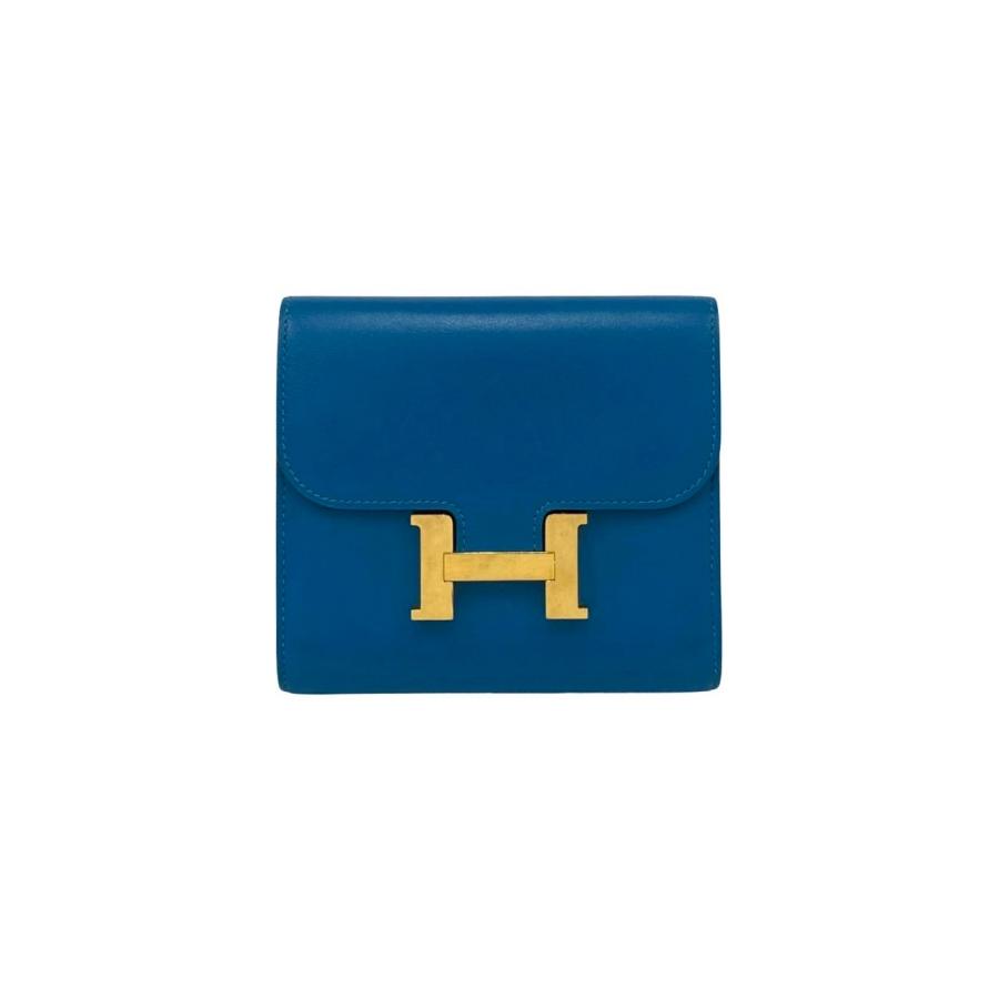 極 美品 箱 袋付き A 刻印 HERMES エルメス コンスタンス コンパクト カーフ レザー 本革 二つ折り財布 ミニ ウォレット ブルー 28793 HERMES（エルメス） 極 美品 箱 袋付き A 刻印 コンスタンス