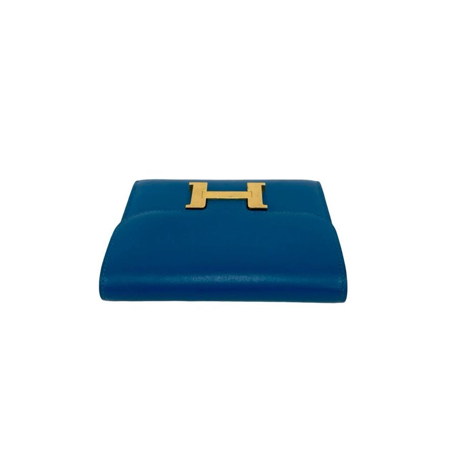 極 美品 箱 袋付き A 刻印 HERMES エルメス コンスタンス コンパクト カーフ レザー 本革 二つ折り財布 ミニ ウォレット ブルー 28793の画像