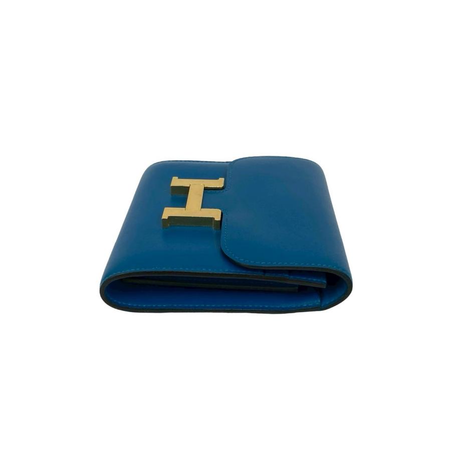 極 美品 箱 袋付き A 刻印 HERMES エルメス コンスタンス コンパクト カーフ レザー 本革 二つ折り財布 ミニ ウォレット ブルー 28793の画像