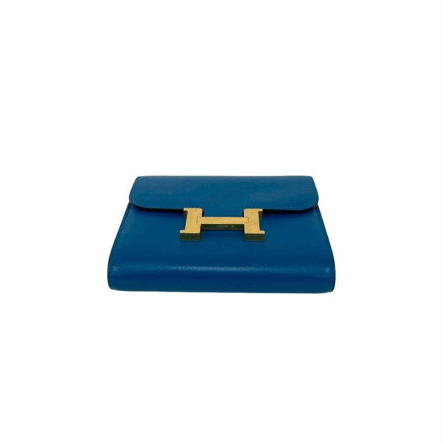 極 美品 箱 袋付き A 刻印 HERMES エルメス コンスタンス コンパクト カーフ レザー 本革 二つ折り財布 ミニ ウォレット ブルー 28793の画像