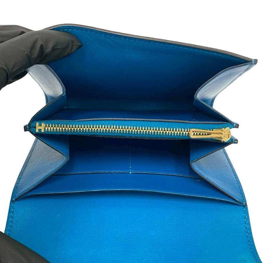 極 美品 箱 袋付き A 刻印 HERMES エルメス コンスタンス コンパクト カーフ レザー 本革 二つ折り財布 ミニ ウォレット ブルー 28793 HERMES（エルメス） 極 美品 箱 袋付き A 刻印 コンスタンス