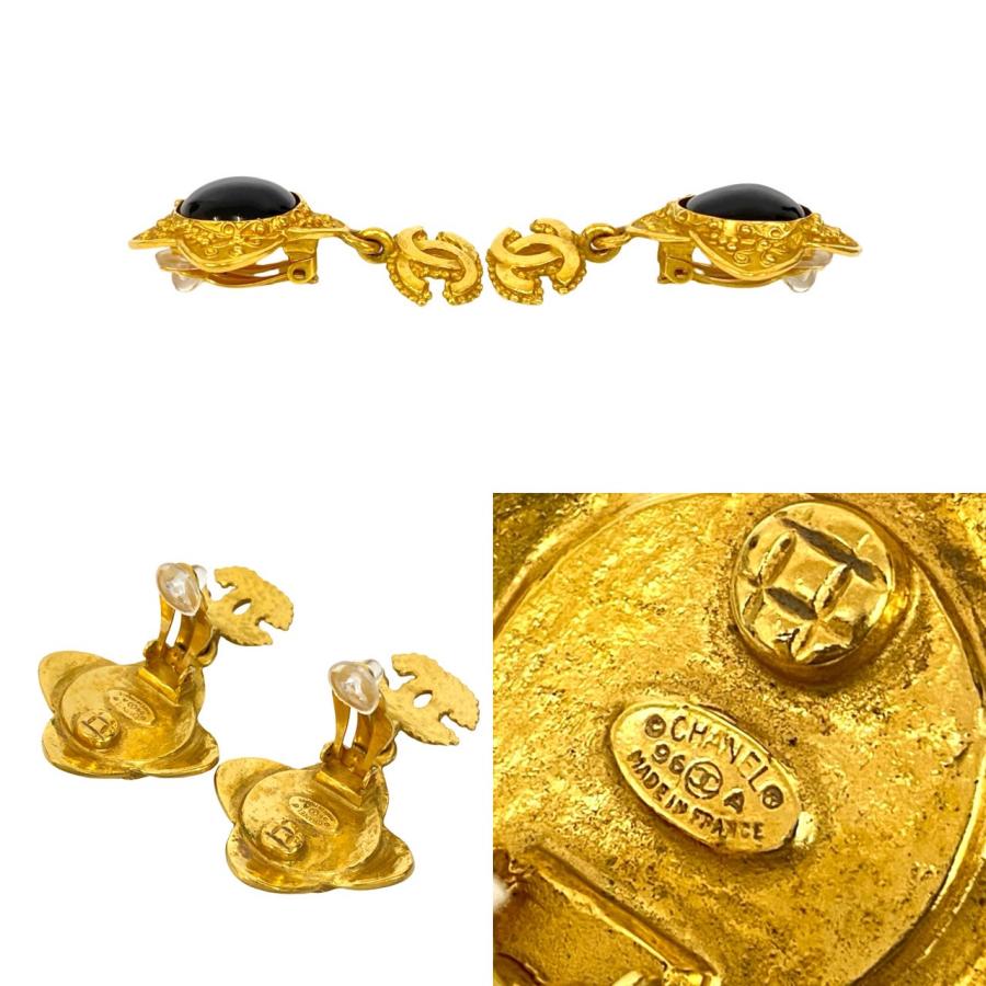極 美品 96A CHANEL シャネル ヴィンテージ ココマーク GP イヤリング イヤーカフ アクセサリー ゴールド ブラック 87951の画像