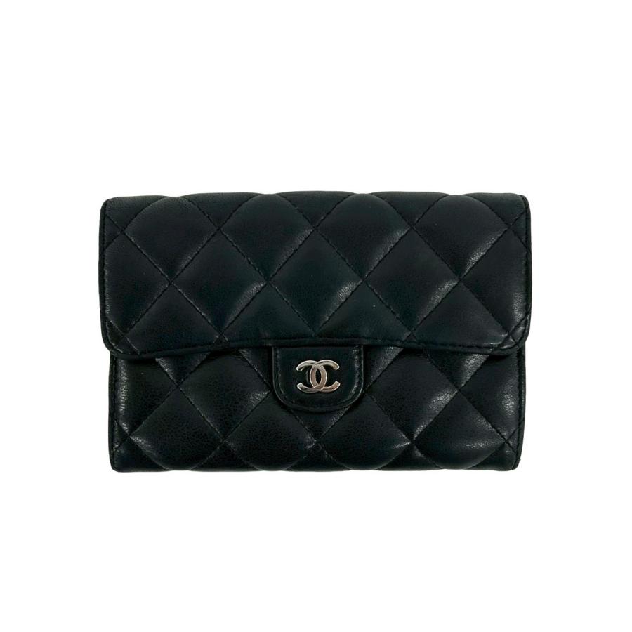 極 美品 シール有 13番台 CHANEL シャネル マトラッセ ココマーク ラムスキン レザー 本革 二つ折り財布 ウォレット ブラック 72367 CHANEL（シャネル） 極 美品 シール有 13番台 マトラッセ ココマーク