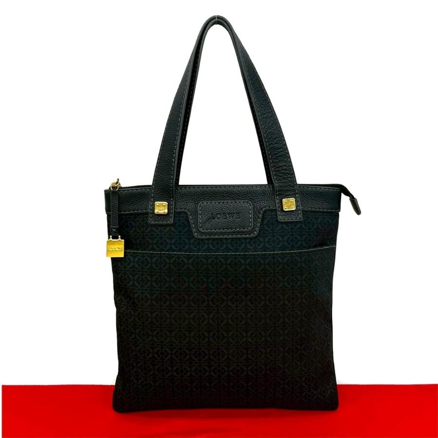 m*n様 【極美品】LOEWE ロエベ アナグラム レザートートバッグ ブラック LOEWE（ロエベ） 極 美品 アナグラム 総柄 キャンバス レザー 本革