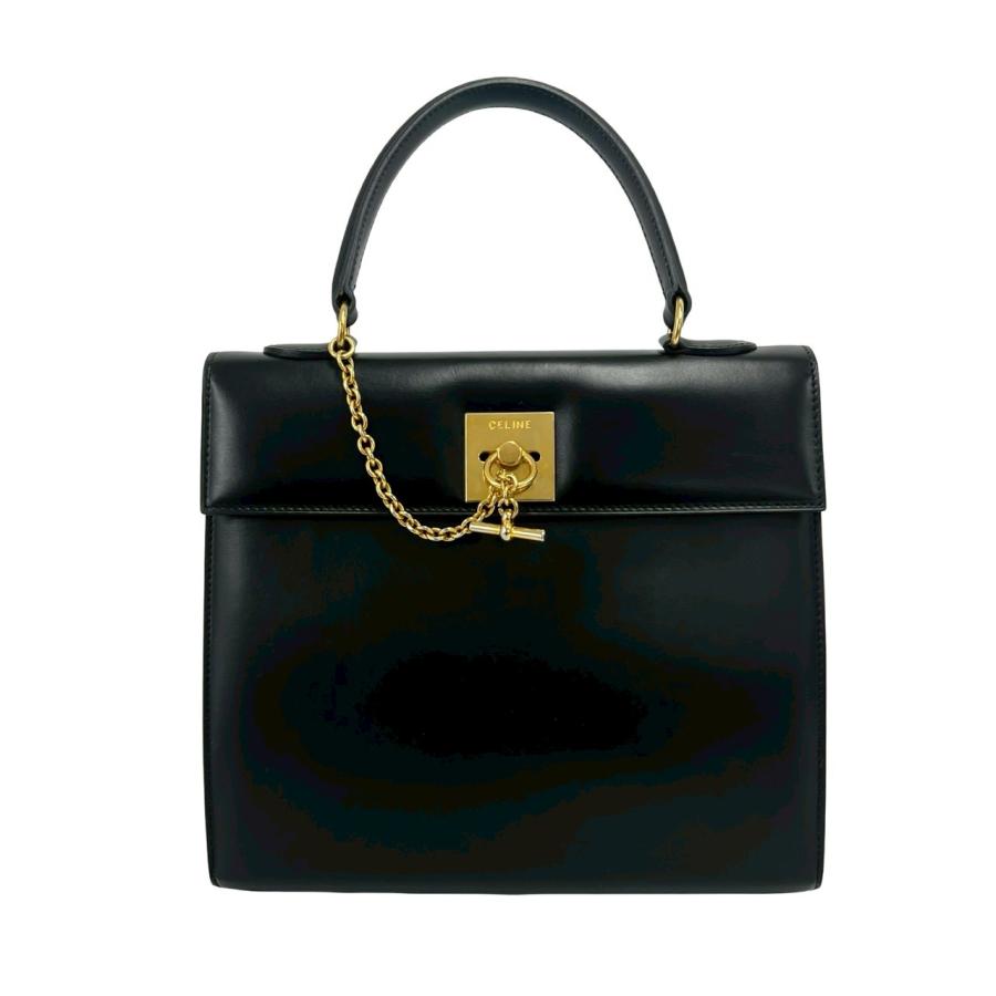 【美品】CELINE ハンドバッグ ブラック ゴールド金具 CELINE（セリーヌ） 極 美品 ヴィンテージ ロゴ リング 金具 カーフ