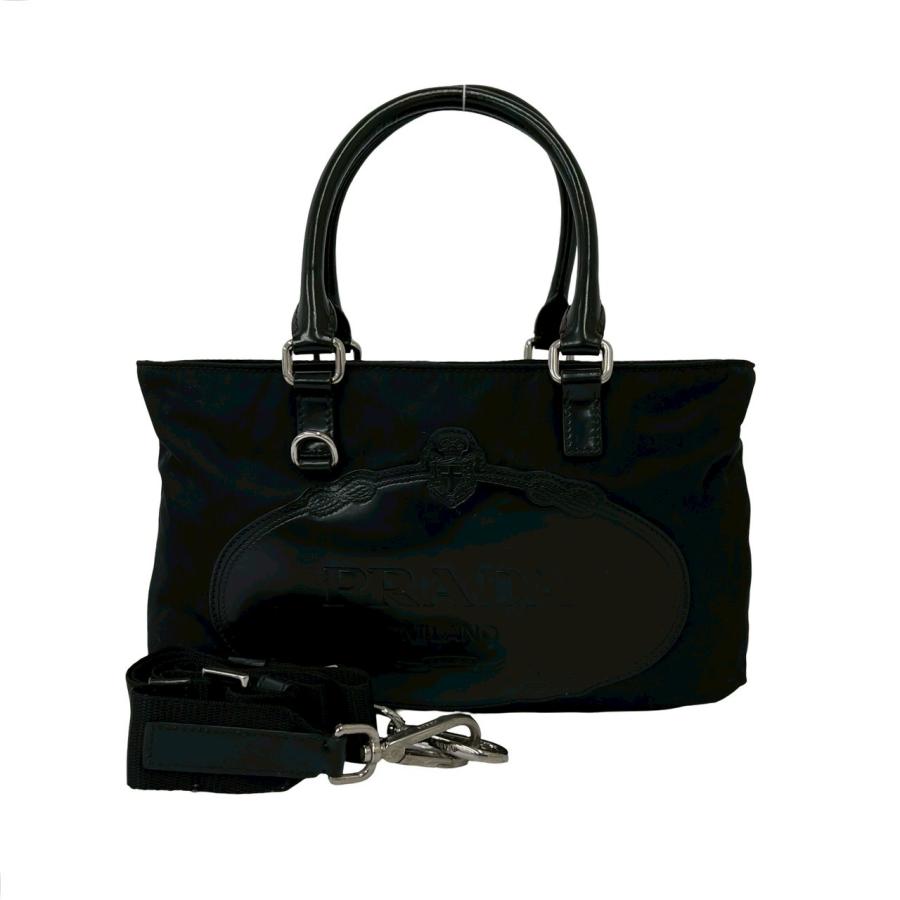 ■PRADA（プラダ）/良品 / ナイロン×レザー/ ハンドバッグ /ブラック PRADA（プラダ） 極 美品 ロゴ 刻印 ナイロン レザー 本革 2way