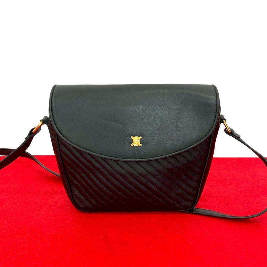 セリーヌ トリオンフ ロゴ 金具　レザー ショルダーバッグ ポシェット　ブラック CELINE 極 美品 セリーヌ ヴィンテージ トリオンフ ロゴ 金具