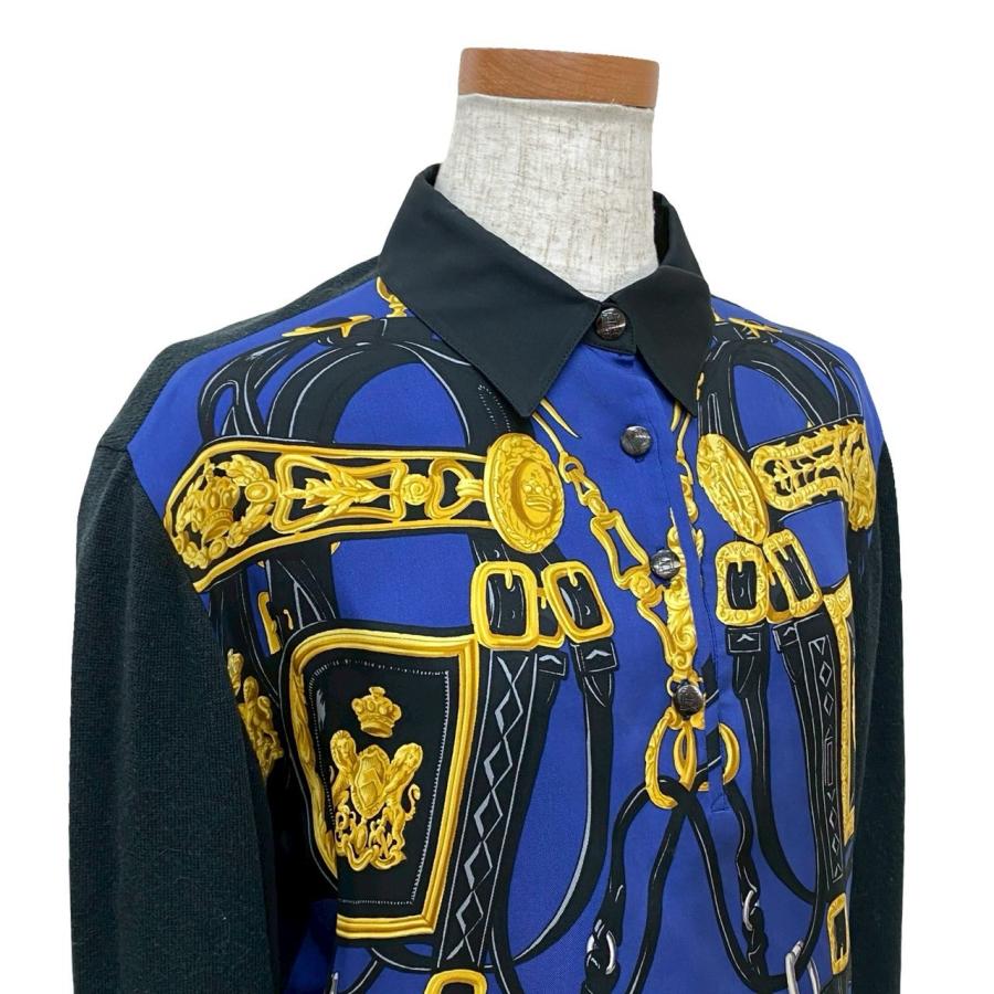 極 美品 希少品 HERMES エルメス ブリッド ドゥ ガラ 柄 シルク カシミヤ コットン 長袖シャツ トップス Sサイズ ブラック ブルー 39166 HERMES（エルメス） 極 美品 希少品 ブリッド ドゥ ガラ 柄 シルク
