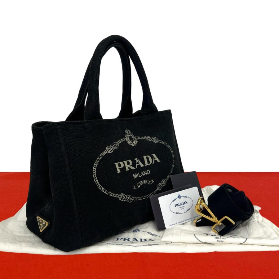 美品 ギャラ付 プラダ カナパ S ハンドバッグ 三角ロゴ 2way ブラック PRADA（プラダ） 極 美品 袋付き カナパ 三角ロゴ 金具 キャンバス