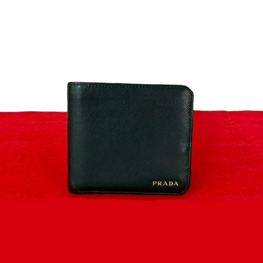 極美品　PRADA 黒 コンパクトウォレット　 サフィアーノレザーシルバー金具 PRADA 極 美品 希少品 プラダ ロゴ シルバー 金具 サフィアーノ