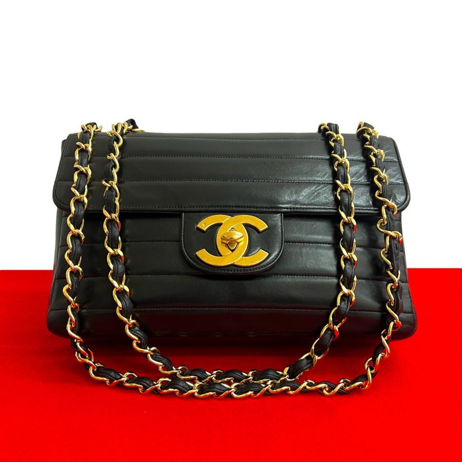 極 美品 シール有 3番台 CHANEL シャネル ココマーク ボーダーステッチ ラムスキン チェーン ショルダーバッグ ポシェット ブラック 22237 CHANEL（シャネル） 極 美品 シール有 3番台 ココマーク ボーダー