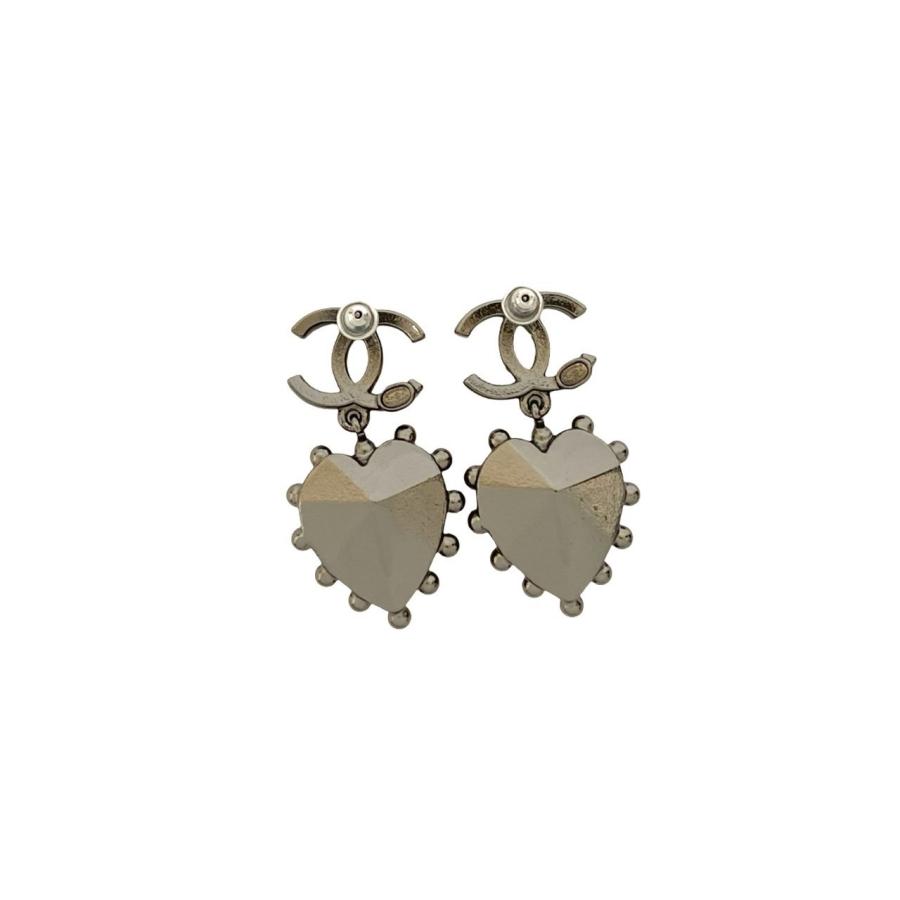 極 美品 箱付き コメあり A21A CHANEL シャネル ココマーク ハート モチーフ メッキ ラインストーン ピアス アクセサリー シルバー 13167の画像