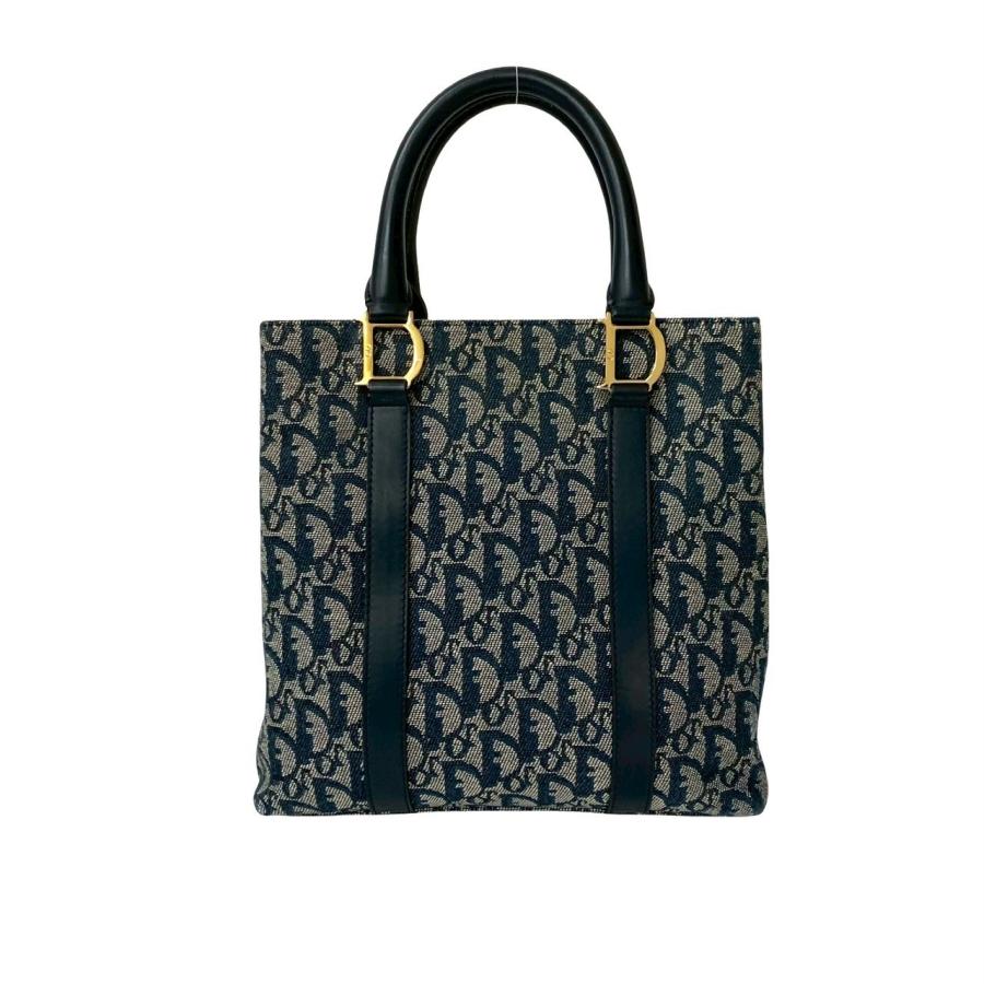 【美品】ディオール　ハンドバッグ　トロッター　総柄　キャンバス　レザー　ネイビー 極 美品 Christian Dior クリスチャンディオール トロッター 柄 レザー