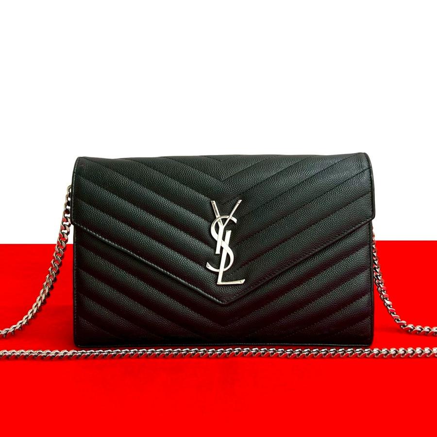 極 美品 SAINT LAURENT PARIS サンローランパリ YSL ロゴ 金具 レザー 本革 チェーン ショルダーバッグ ポシェット ブラック 黒 29237 Yves Saint Laurent（イヴ・サンローラン） 極 美品 SAINT LAURENT