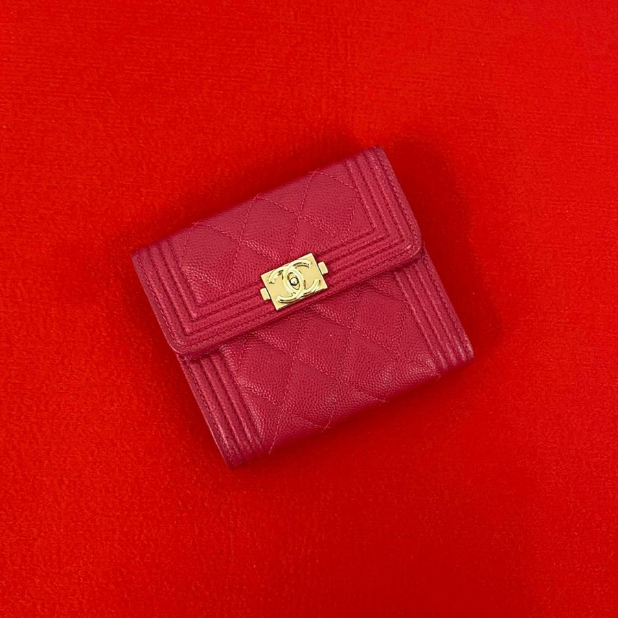 極 美品 シール有 23番台 CHANEL シャネル ボーイシャネル ココマーク キャビアスキン 三つ折り 財布 ミニ ウォレット ピンク 21262 CHANEL（シャネル） 極 美品 シール有 23番台 ボーイシャネル ココ
