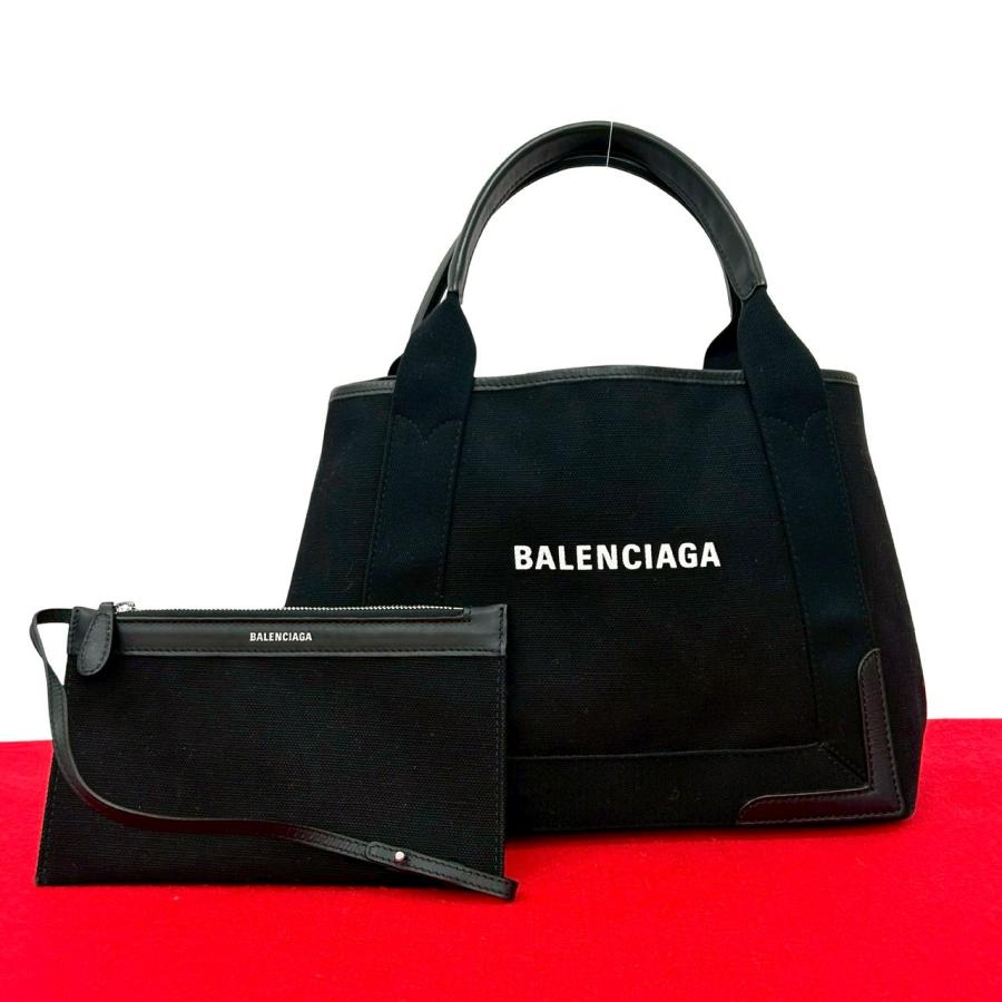 ド*ン様 BALENCIAGA ブラックレザー ネイビーカバス BALENCIAGA（バレンシアガ） 極 美品 ネイビー カバス ロゴ キャンバス
