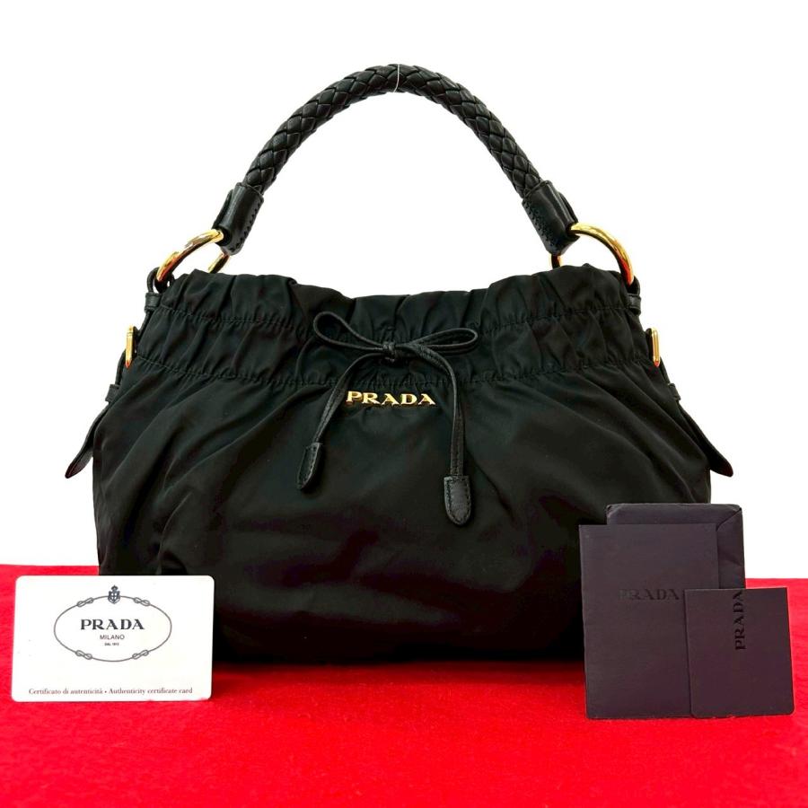 極美品　150 PRADA プラダ　ハンドバッグ　トートバッグ　ナイロン PRADA（プラダ） 極 美品 ロゴ 金具 リボン モチーフ レザー 本革
