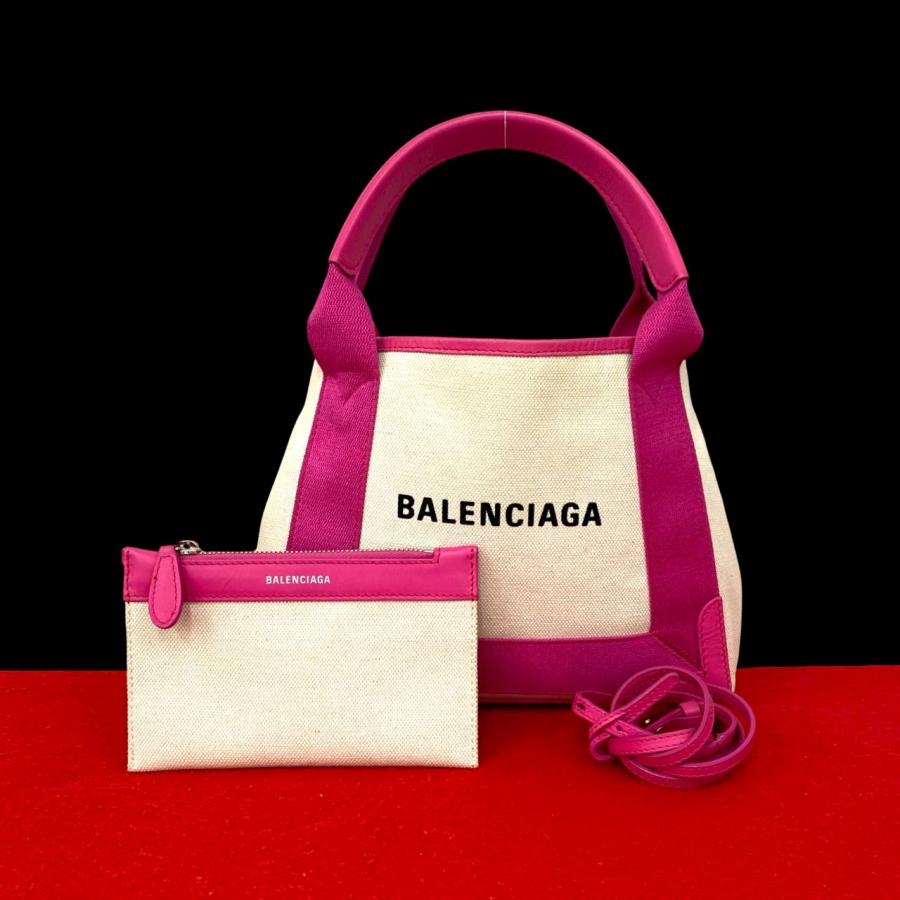 極 美品 BALENCIAGA バレンシアガ ネイビーカバス キャンバス レザー 本革 2way ハンドバッグ ショルダーバッグ ピンク アイボリー 34743 BALENCIAGA（バレンシアガ） 極 美品 ネイビーカバス キャンバス
