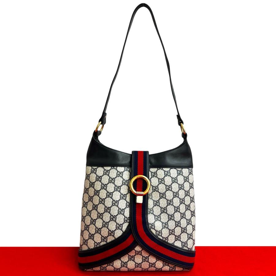 極 美品 GUCCI グッチ オールドグッチ ヴィンテージ シェリーライン 金具 レザー 本革 セミ ワン ショルダーバッグ ネイビー 31376 GUCCI（グッチ） 極 美品 オールドグッチ ヴィンテージ シェリーライン