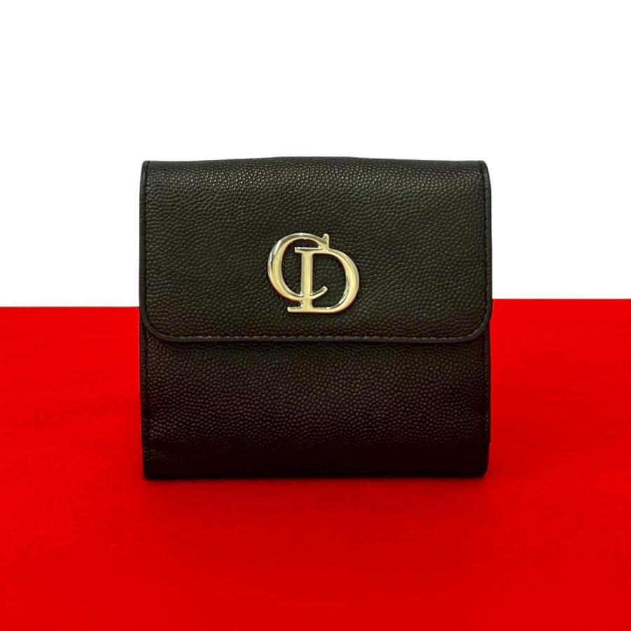 極 美品 Christian Dior ディオール CD ロゴ 金具 レザー 本革 ダブルホック 二つ折り 財布 コンパクト ウォレット ブラック 黒 27485 極 美品 Christian Dior ディオール CD ロゴ 金具 レザー 本革 ダブル