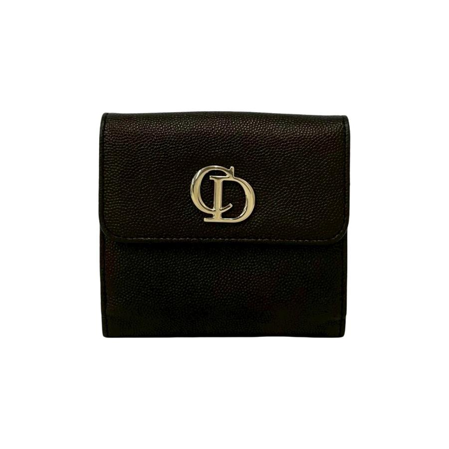 極 美品 Christian Dior ディオール CD ロゴ 金具 レザー 本革 ダブルホック 二つ折り 財布 コンパクト ウォレット ブラック 黒 27485 極 美品 Christian Dior ディオール CD ロゴ 金具 レザー 本革 ダブル