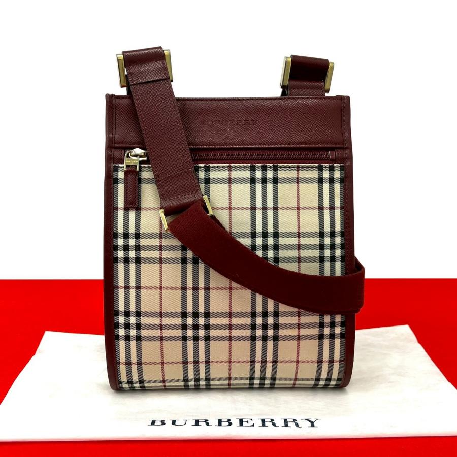 極 美品 BURBERRY バーバリー ノバチェック 柄 キャンバス レザー 本革 ミニ ショルダーバッグ ポシェット サコッシュ レッド 25401 BURBERRY（バーバリー） 極 美品 ノバチェック 柄 キャンバス レザー