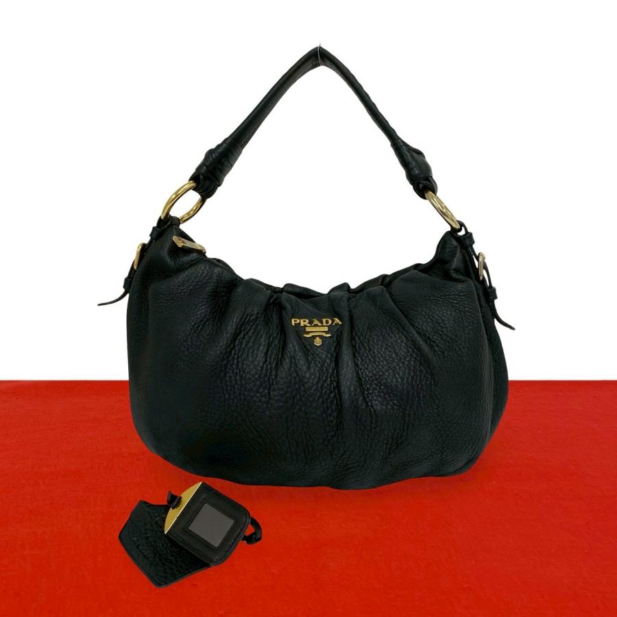 PRADA（プラダ） 極 美品 ロゴ ゴールド 金具 レザー 本革 セミ ワン