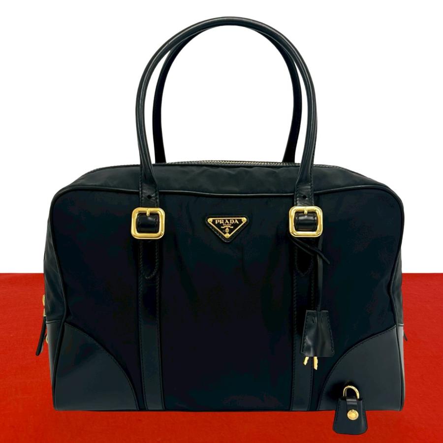 【美品】PRADA 三角ロゴプレート ボストンバッグ ナイロン レザー 黒色 PRADA（プラダ） 極 美品 三角 ロゴ トライアングル プレート 金具